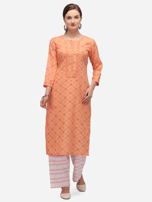 Orange & White Color Block Printed Checked Kurta Set 1