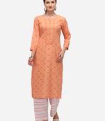 Orange & White Color Block Printed Checked Kurta Set