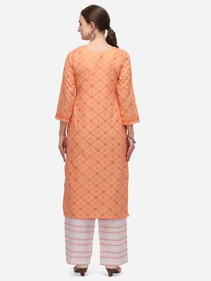 Orange & White Color Block Printed Checked Kurta Set 2