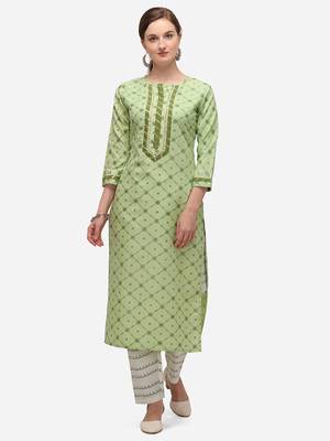 Green & White Color Block Printed Checked Kurta Set 1