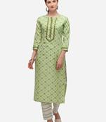 Green & White Color Block Printed Checked Kurta Set