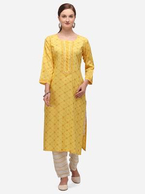 Yellow & White Color Block Printed Checked Kurta Set 1