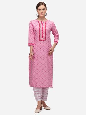 Pink & White Color Block Printed Checked Kurta Set 1