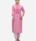 Pink & White Color Block Printed Checked Kurta Set