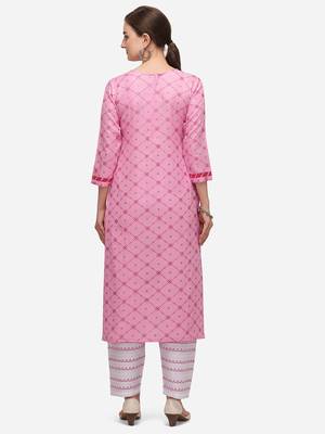 Pink & White Color Block Printed Checked Kurta Set 2