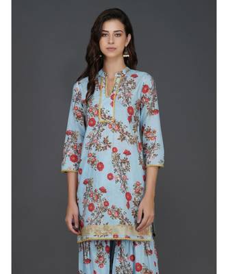 Blue cotton printed quarter sleeve stitched kurta 1