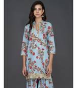 Blue cotton printed quarter sleeve stitched kurta
