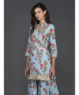Blue cotton printed quarter sleeve stitched kurta 2