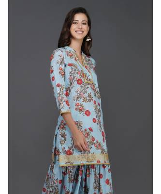 Blue cotton printed quarter sleeve stitched kurta 3