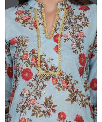 Blue cotton printed quarter sleeve stitched kurta 4