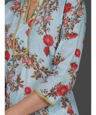 Blue cotton printed quarter sleeve stitched kurta 5