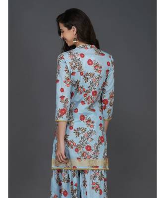 Blue cotton printed quarter sleeve stitched kurta 6