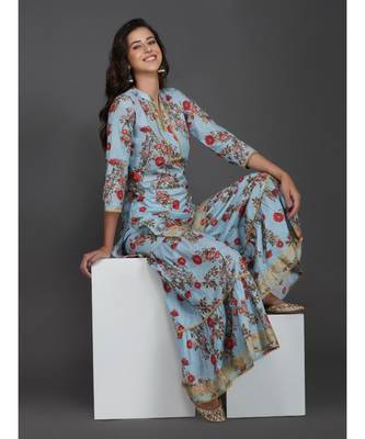Blue cotton printed quarter sleeve stitched kurta 7