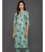 Turquoise cotton printed quarter sleeve stitched kurta