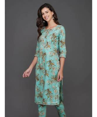 Turquoise cotton printed quarter sleeve stitched kurta 2