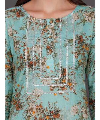 Turquoise cotton printed quarter sleeve stitched kurta 3