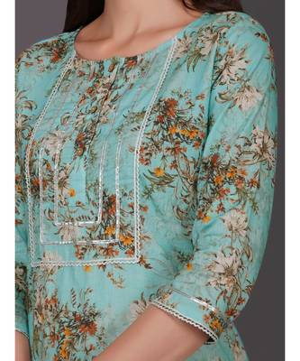 Turquoise cotton printed quarter sleeve stitched kurta 4
