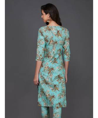 Turquoise cotton printed quarter sleeve stitched kurta 5