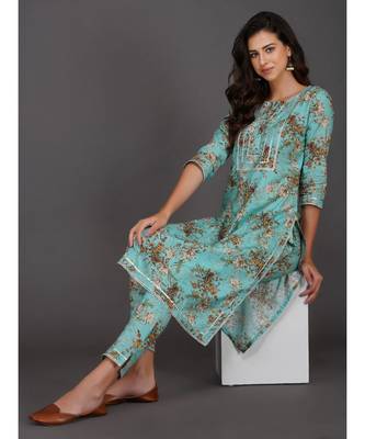 Turquoise cotton printed quarter sleeve stitched kurta 6