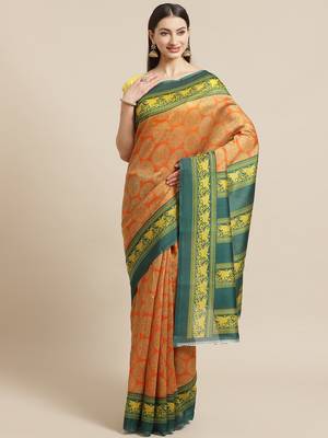 orange art silk printed   saree with  blouse 1
