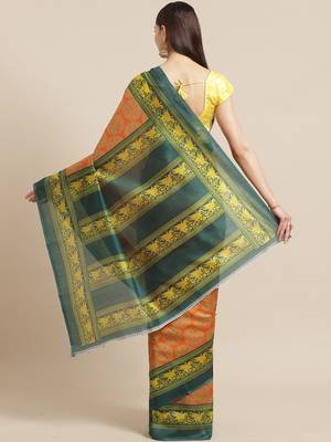 orange art silk printed   saree with  blouse 2