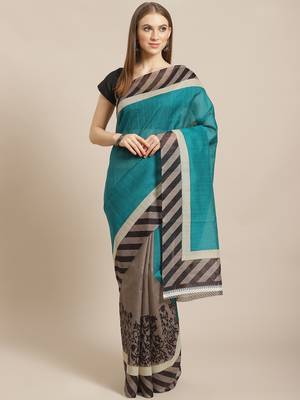 grey art silk printed saree with  blouse 1
