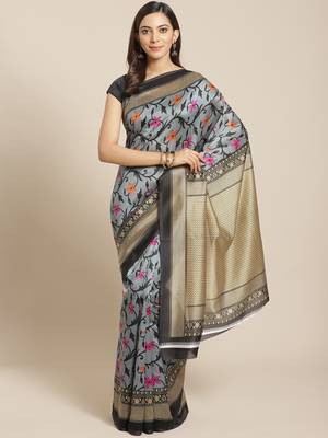 grey art silk printed   saree with  blouse 1