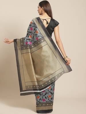 grey art silk printed   saree with  blouse 2