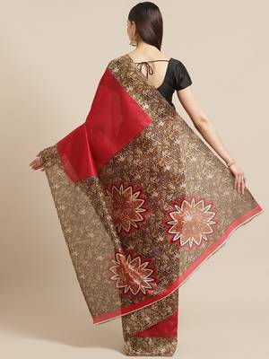 red art silk printed saree with  blouse 2
