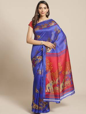 blue art silk printed   saree with  blouse 1