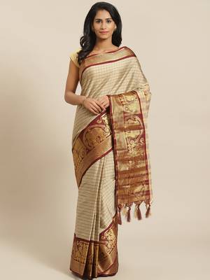cream cotton woven   saree with  blouse 1