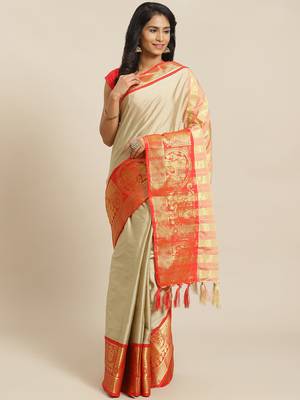 cream cotton woven   saree with  blouse 1