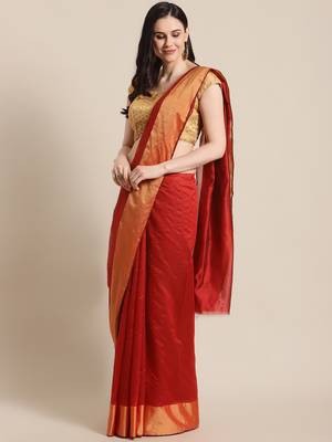 red chanderi printed   saree with  blouse 1