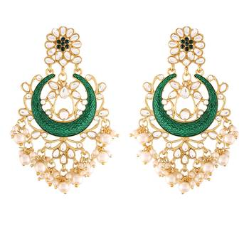 Traditional Handcrafted Green Meena Work Earring Glided With Kundan & Pearls  6