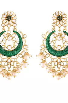 Traditional Handcrafted Green Meena Work Earring Glided With Kundan & Pearls 