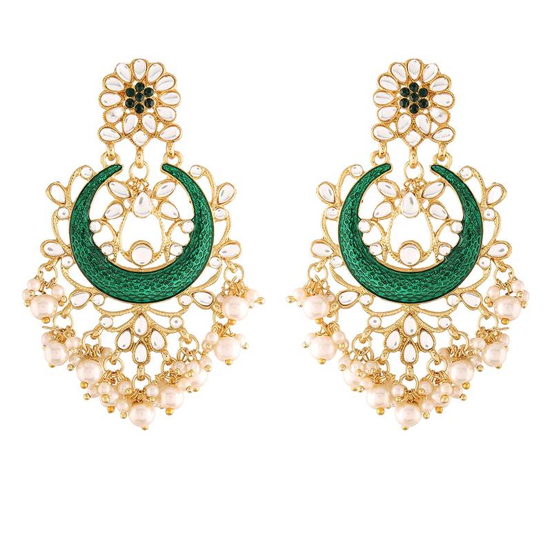 Traditional Handcrafted Green Meena Work Earring Glided With Kundan & Pearls 