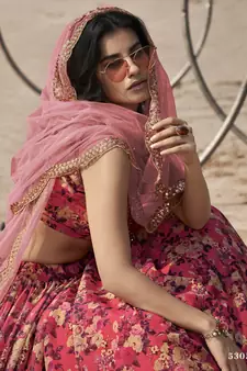 Red Floral Digital Printed Organza Floral Lehenga Choli