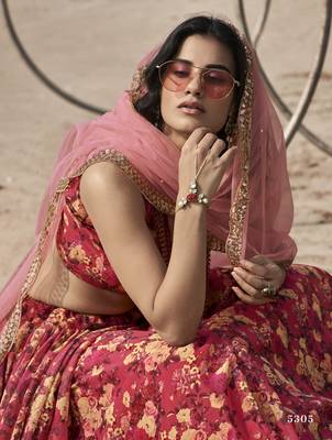 Red Floral Digital Printed Organza Floral Lehenga Choli 4