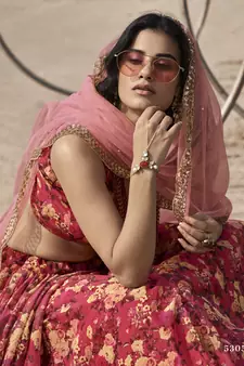 Red Floral Digital Printed Organza Floral Lehenga Choli