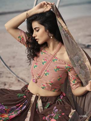 Catching Brown Floral Digital printed organza fabric Lehenga choli 2