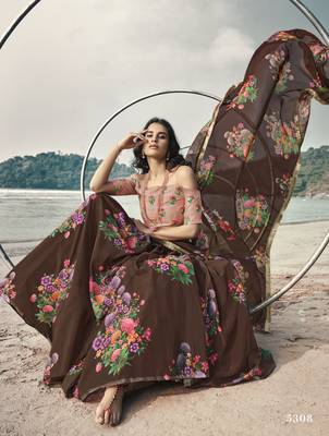 Catching Brown Floral Digital printed organza fabric Lehenga choli 3