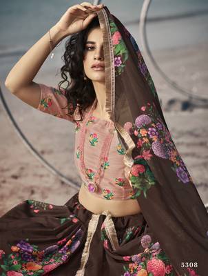 Catching Brown Floral Digital printed organza fabric Lehenga choli 4