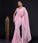 Carnation Pink Colored Sequins Embroidered Faux Georgette Party Wear Saree