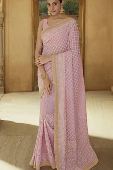 Carnation Pink Colored Sequins embroidered Faux georgette party wear saree