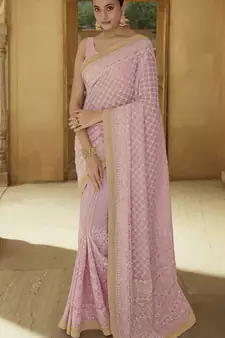 Carnation Pink Colored Sequins embroidered Faux georgette party wear saree