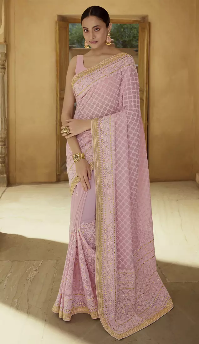 Carnation Pink Colored Sequins embroidered Faux georgette party wear saree