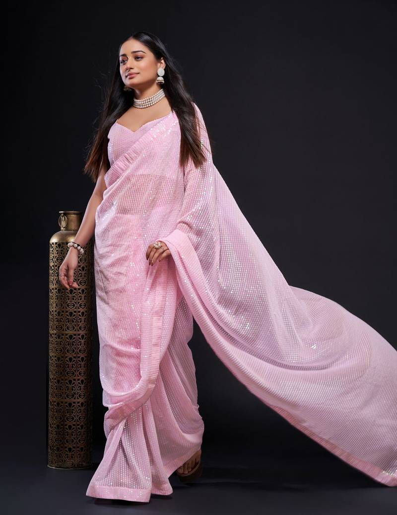 Carnation Pink Colored Sequins Embroidered Faux Georgette Party Wear Saree