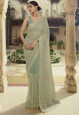 Green embroidered net saree with blouse 1
