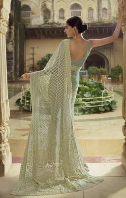 Green embroidered net saree with blouse 2