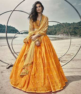 Mustard digital print organza Semi Stitched Lehenga 1